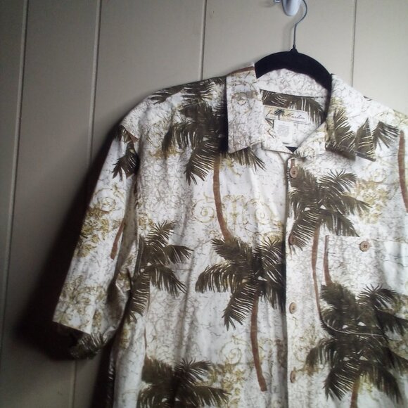 Joe Marlin Hawaiian Shirt L Button Up Short Sleeve Tropical Green Beige - Picture 14 of 16